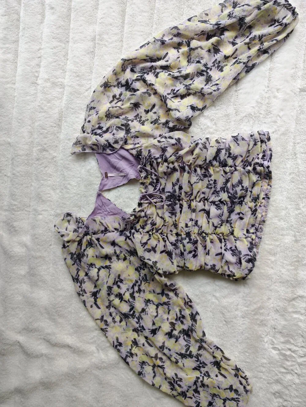 Free People Floral Ruched Blouse Top Puff Sleeve Tie Front Cottagecore Boho M - Picture 11 of 16